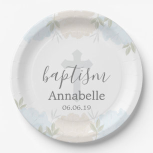 Plato De Papel Bebé lindo Blue Floral Baptismo