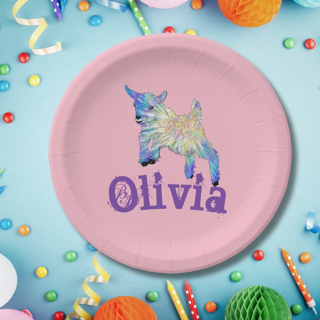 Plato De Papel Bebé lindo Cabra Salto Arte Animal Añadir Nombre (Goat farm animal themed birthday party personalized pink paper plate cute jumping baby goat art)
