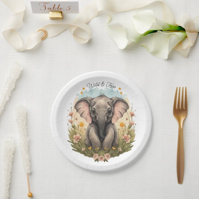 Plato De Papel Bebé lindo Elefante Calf Flor silvestre Wanderlust (Boda)