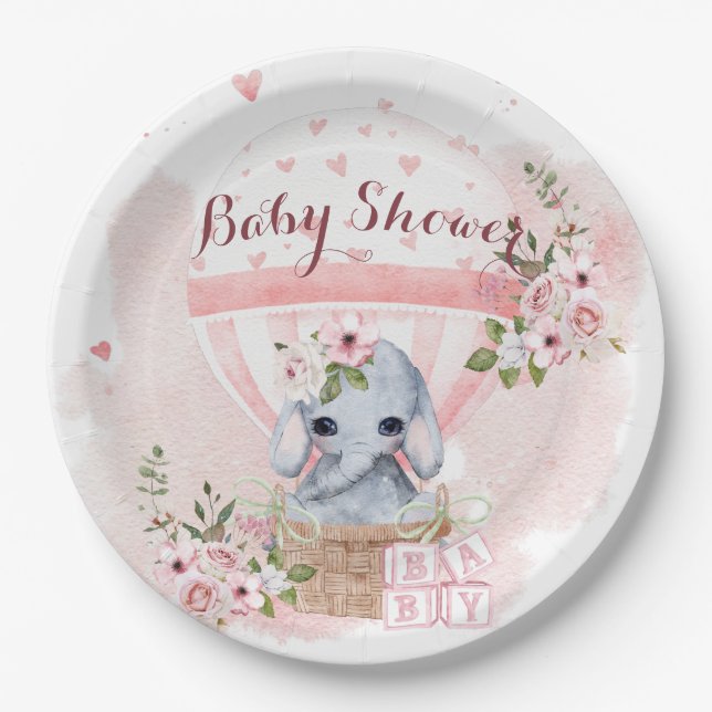 Plato De Papel Bebé lindo Elefante Floral Rosa Baby Shower (Anverso)