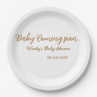 Plato De Papel Bebé llegando pronto baby shower marrón rosa nombr