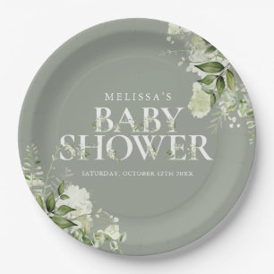 Plato De Papel Bebé Lluvia de Flores Verde Neutral