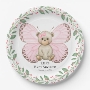 Plato De Papel Bebé mariposa Bear ducha rosa   Placas de papel