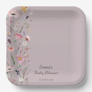 Plato De Papel Bebé morado en el floreciente Baby Shower