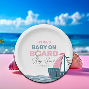 Plato De Papel Bebé Náutico Rosa en Baby Shower a bordo