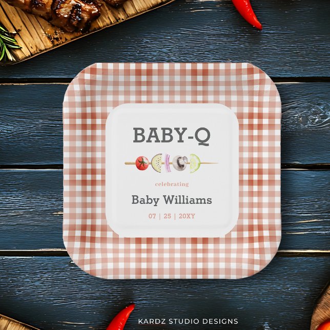 Plato De Papel Bebé neutral de género BBQ Baby Shower (Plate shown in 7 inches size. 9 inch also available, personalize before checkout.)