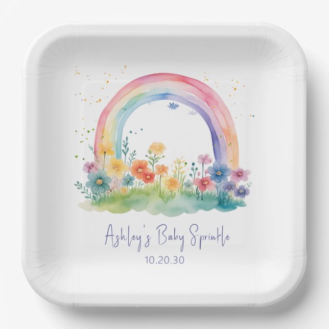 Plato De Papel Bebé Niña Arcoíris de Flor Silvestre Sprinkle (Anverso)