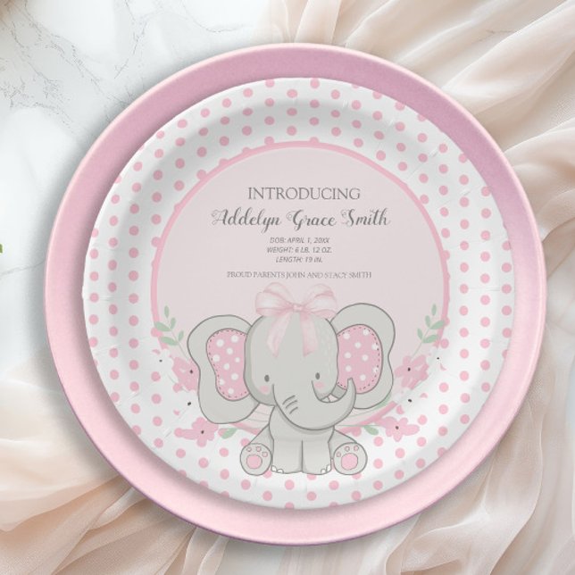 Plato De Papel Bebé Niña Elefante Polka Rosa Dot Sip Ver Ducha (Pink and white polka dots baby elephant little girl baby shower paper plates)