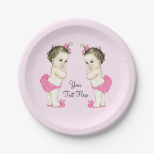 Plato De Papel Bebé Niña Gemela Rosa