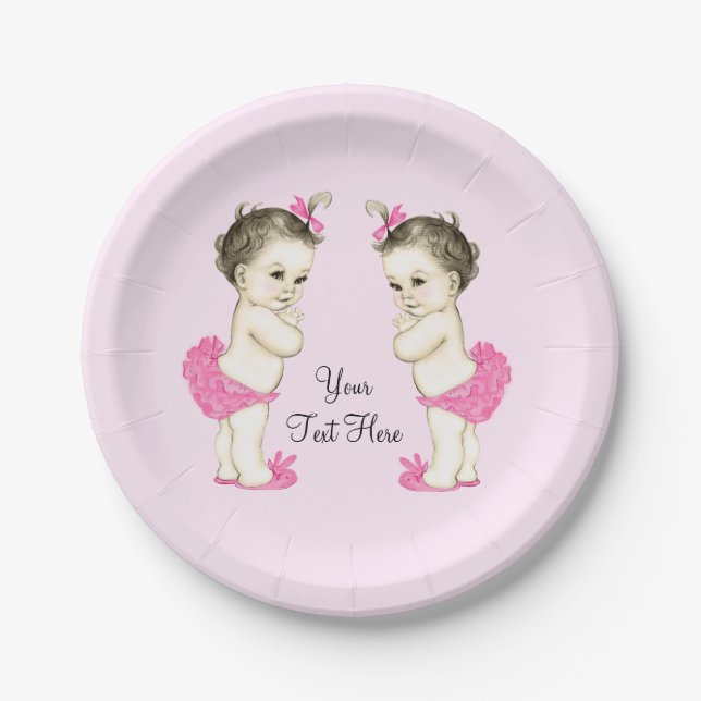 Plato De Papel Bebé Niña Gemela Rosa (Anverso)
