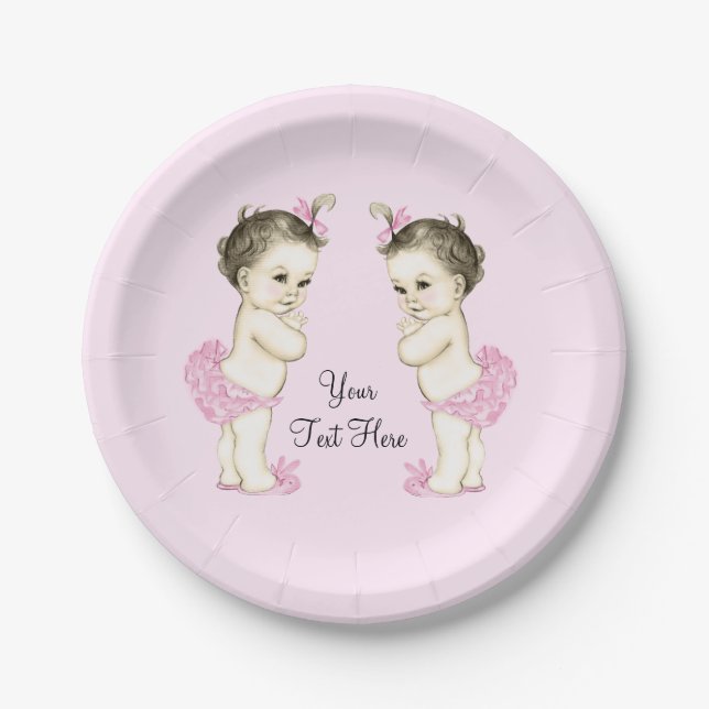 Plato De Papel Bebé Niña Gemela Rosa (Anverso)