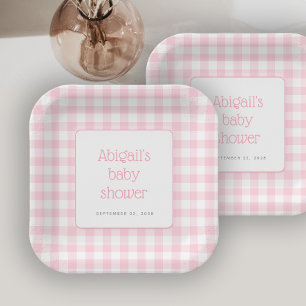 Plato De Papel Bebé Niña Shower de Cuadro Rosa Pastel