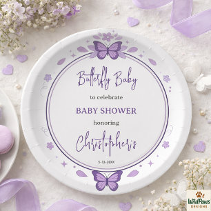 Plato De Papel Bebé niña shower Mariposa Púrpura