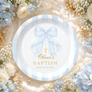 Plato De Papel Bebé Niño Arco Azul Bautizo
