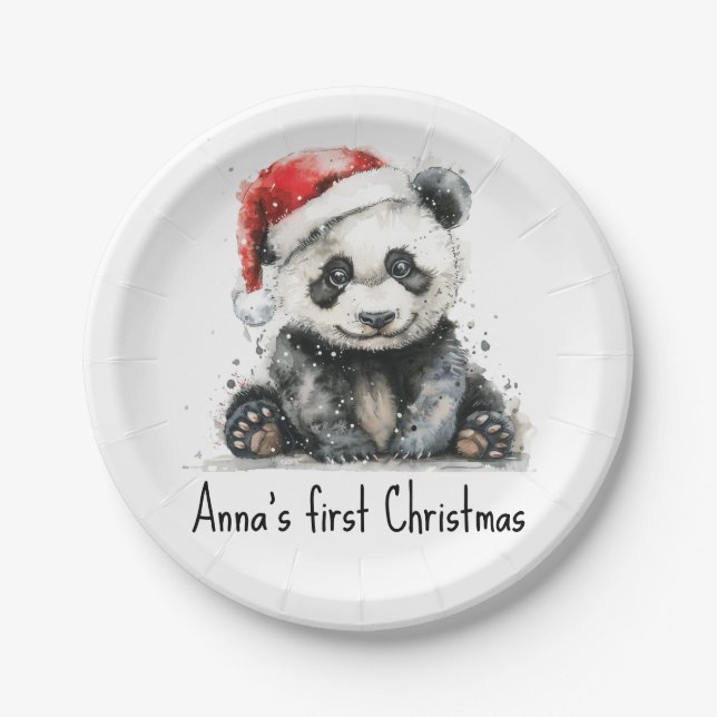 Plato De Papel bebé panda con navidades gorra, personalizable (Anverso)