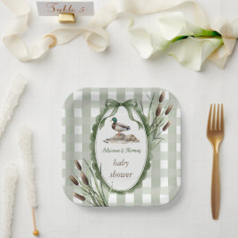 Plato De Papel Bebé Pato Real Shower Gingham Verde