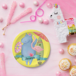 Plato De Papel Bebé pequeño Hippo con nombre personalizado Flamin