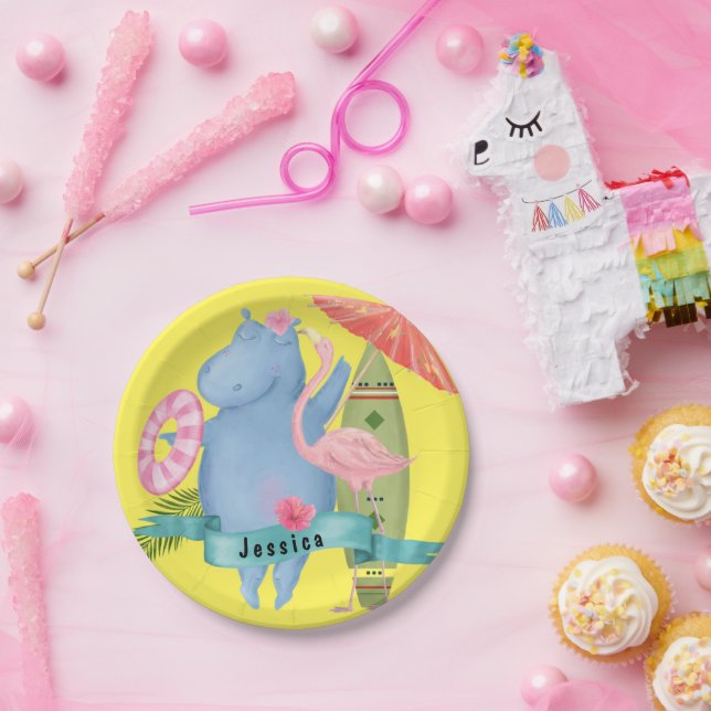 Plato De Papel Bebé pequeño Hippo con nombre personalizado Flamin (Fiesta)