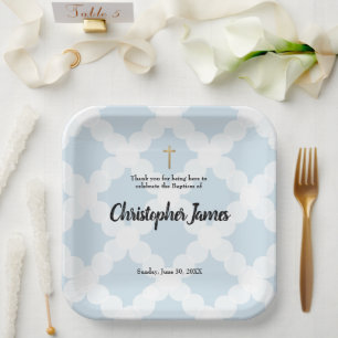 Plato De Papel Bebé personalizado bautismo azul y cruz de oro Pa