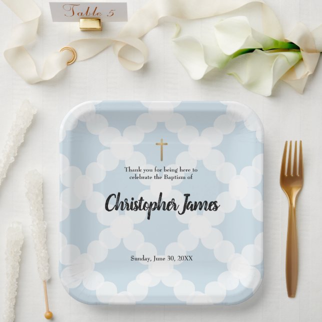 Plato De Papel Bebé personalizado bautismo azul y cruz de oro Pa (Boda)