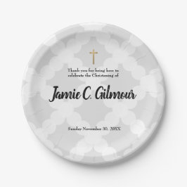 Plato De Papel Bebé personalizado Christening Gray & gold cross