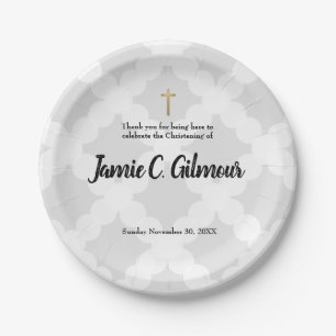 Plato De Papel Bebé personalizado Christening Gray & gold cross