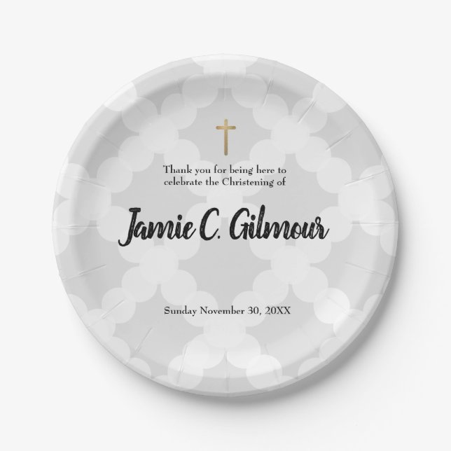 Plato De Papel Bebé personalizado Christening Gray & gold cross (Anverso)