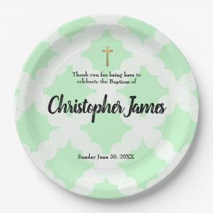 Plato De Papel Bebé personalizado  Verde bautismo  Cruz de oro