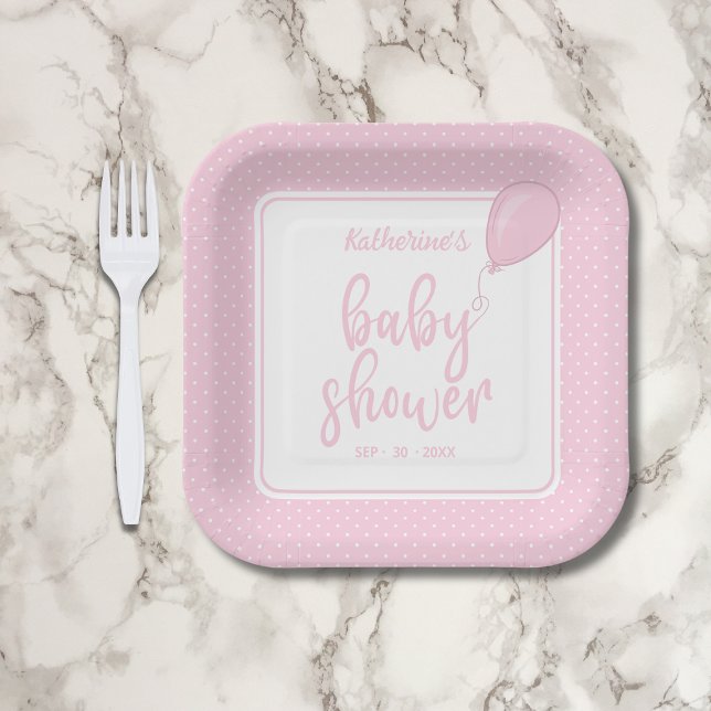Plato De Papel Bebé Rosa Baby Shower Chica Polka Dot (Pink Polka Dot Baby Shower Paper Plate with Mom's Name, Shower Date, Balloon.)