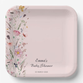 Plato De Papel Bebé rosa en el florecimiento de flores silvestres