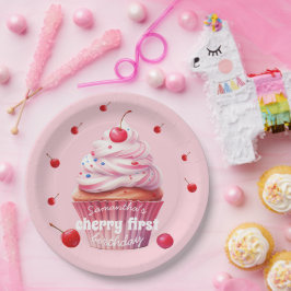 Plato De Papel Bebé Rosa Primera fiesta de cumpleaños de cerezas