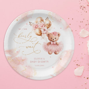 Plato De Papel Bebé rosado de oro de osito de peluche lindo