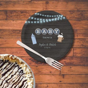 Plato De Papel Bebé Rústico Está Preparando Baby Shower Azul
