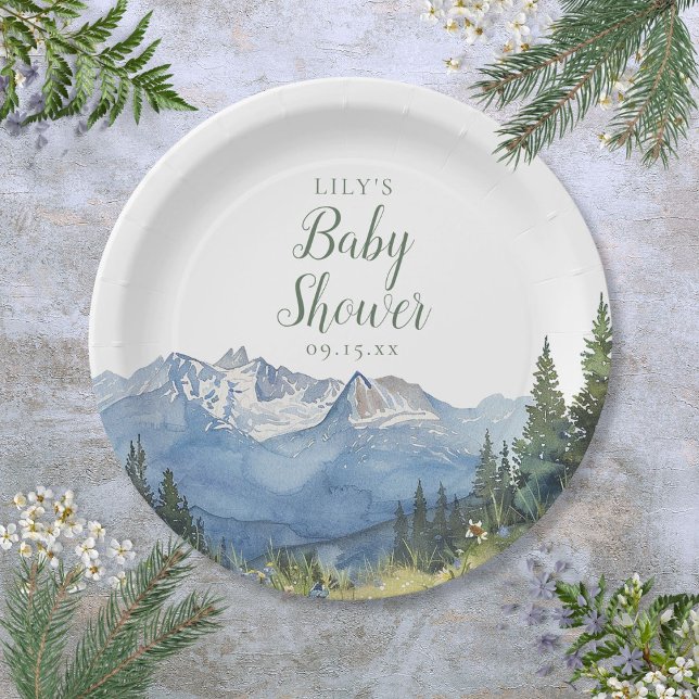 Plato De Papel Bebé Shower Acuarela Moderna de Montaña Flor Silve (Modern Watercolor Mountain Wildflower Baby Shower Paper Plates)