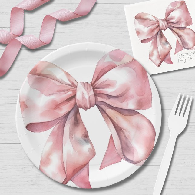 Plato De Papel Bebé Shower de lazo rosa simple (Simple Pink Bow Baby Shower Paper Plates)