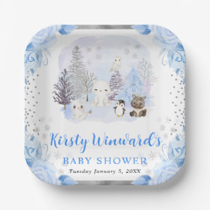 Plato De Papel Bebé shower floral de animales árticos acuarela