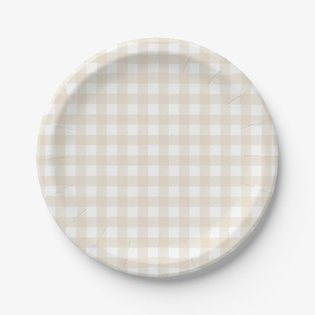 Plato De Papel Bebé Shower Rústico Beige Marrón Gingham (Anverso)