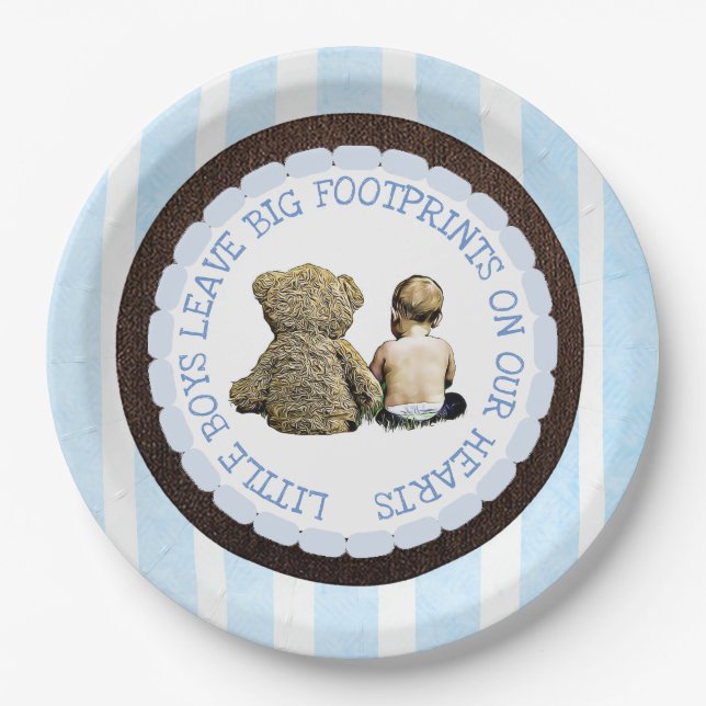 Plato De Papel Bebé y Teddy Bear Boy Placas de papel Baby Shower (Anverso)
