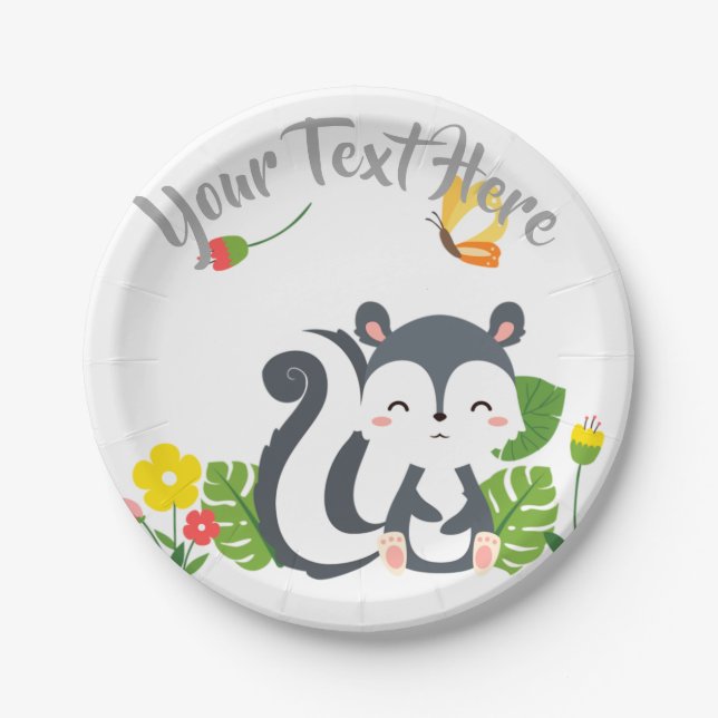 Plato De Papel Bebé zorrillo, mariposa y flores (Anverso)