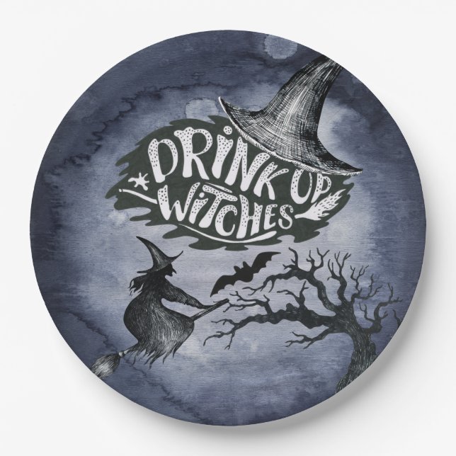 Plato De Papel Beber brujas noche Sky Halloween (Anverso)