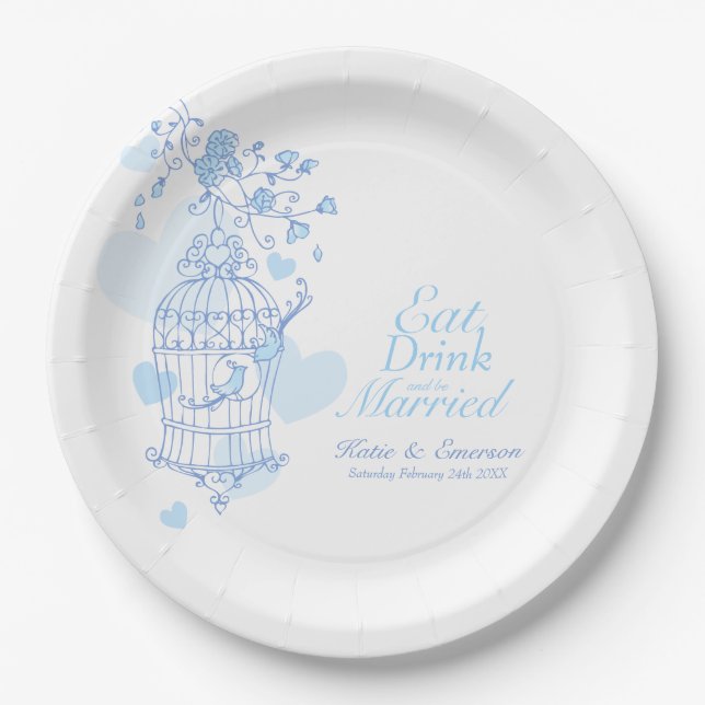 Plato De Papel Beber personalizado pájaros azules boda de jaulas (Anverso)