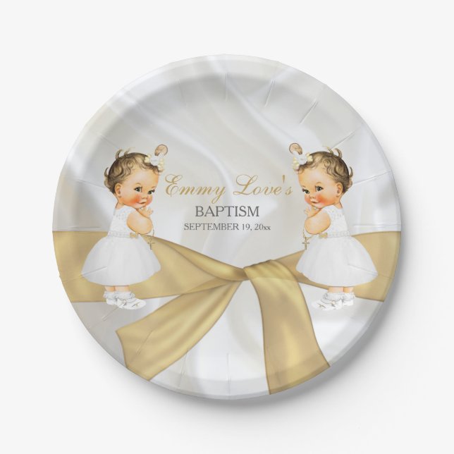 Plato De Papel Bebés gemelos Baptismo Christening Gold White (Anverso)