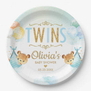 Plato De Papel Bebés gemelos Bebés Cute Bears Globos Baby Showe
