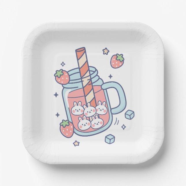Plato De Papel Bebida de fresa Kawaii Bunny (Anverso)