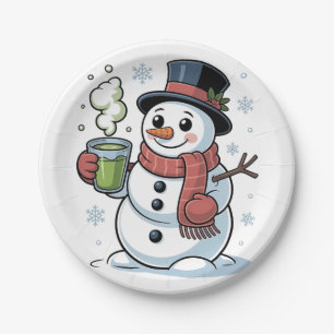 Plato De Papel Bebida de hombre de nieve de Navidad bebiendo Matc