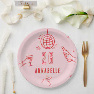 Plato De Papel bebidas de cumpleaños rojas dibujadas a mano y bri