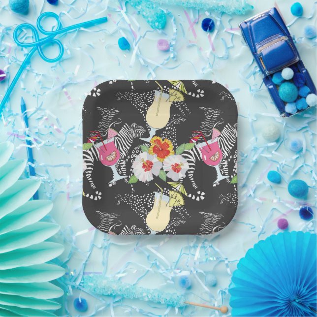 Plato De Papel Bebidas Tropicales Con Animales (Fiesta)