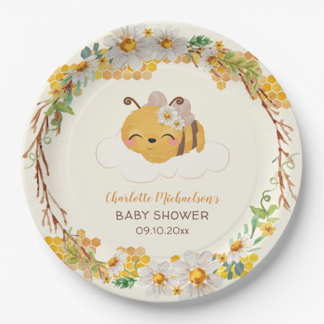 Plato De Papel Bee Baby Shower Floral Honeycomb (Anverso)