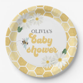 Plato De Papel Bee Baby Shower honeycomb y daisies