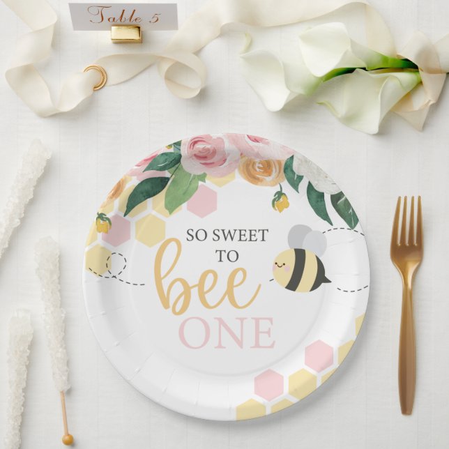 Plato De Papel Bee Day Bumblebee 1er cumpleaños floral rosa (Boda)